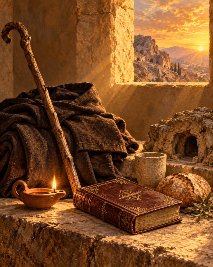 Hábito, báculo de abad, libro y cueva del desierto: símbolos de san Teodosio el Cenobiarca como padre de los monjes de Judea.