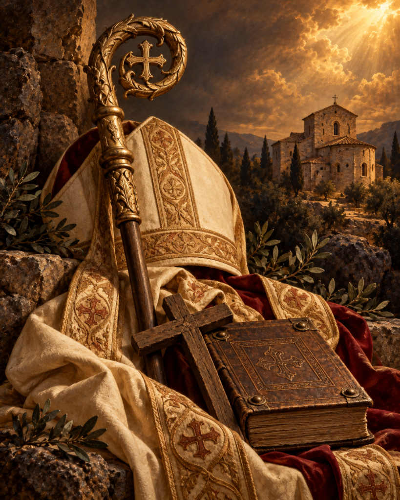 Atributos de San Valeriano de Avensa: báculo, cruz, libro y antigua iglesia cristiana