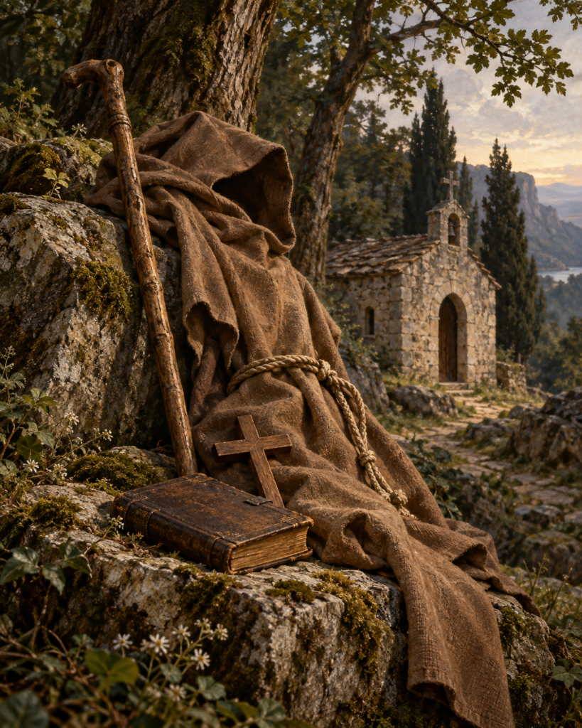 Hábito de ermitaño, bastón, cruz, libro y ermita: símbolos de la vida eremítica de san Vicenciano de Tulle.