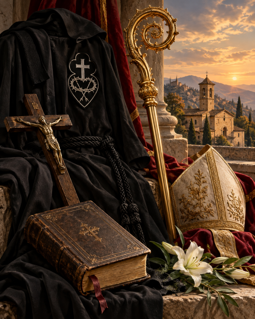 Hábito pasionista, cruz, báculo, libro e iglesia: símbolos de la espiritualidad pasionista y el ministerio episcopal de san Vicente María Strambi.