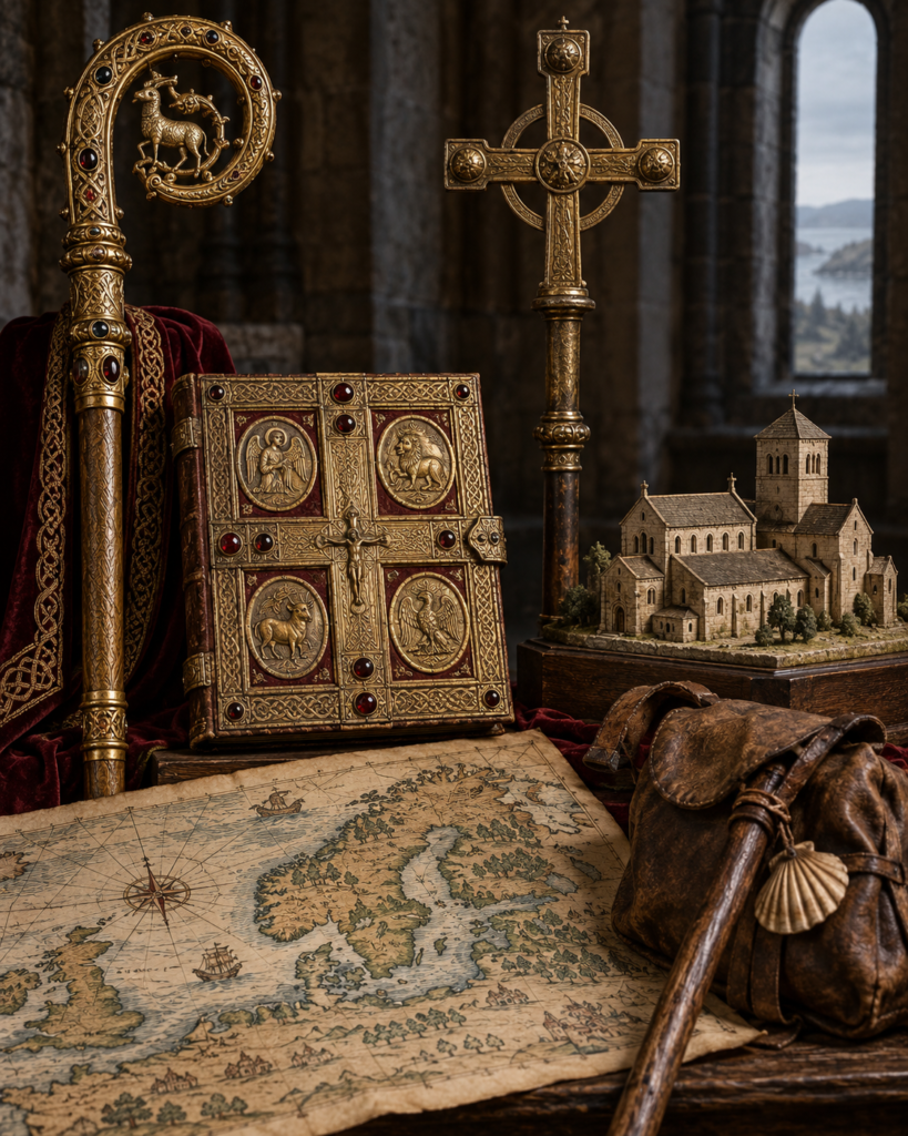 Báculo, Evangelio, cruz misionera y monasterio: símbolos del episcopado y la misión evangelizadora de san Willibrordo.