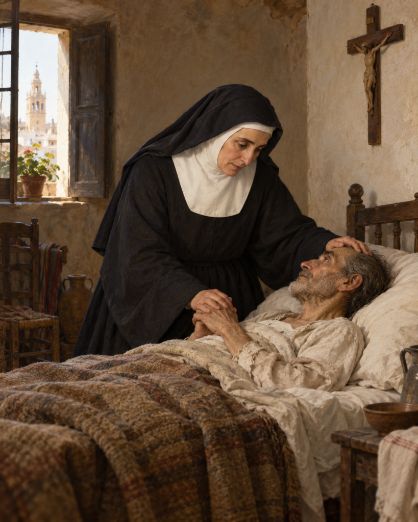 Santa Ángela de la Cruz atiende con ternura a un enfermo pobre en su cama, en una casa humilde de Sevilla