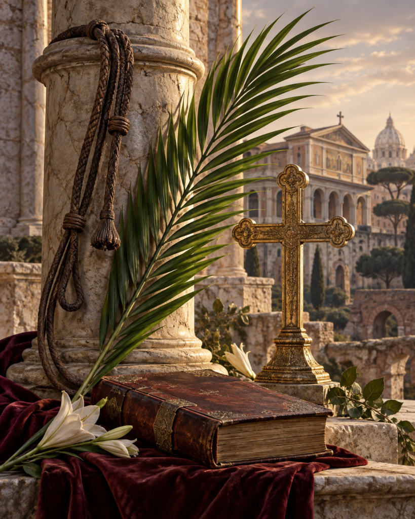 Palma, columna, cruz y libro: símbolos tradicionales de fidelidad y martirio de santa Bibiana.