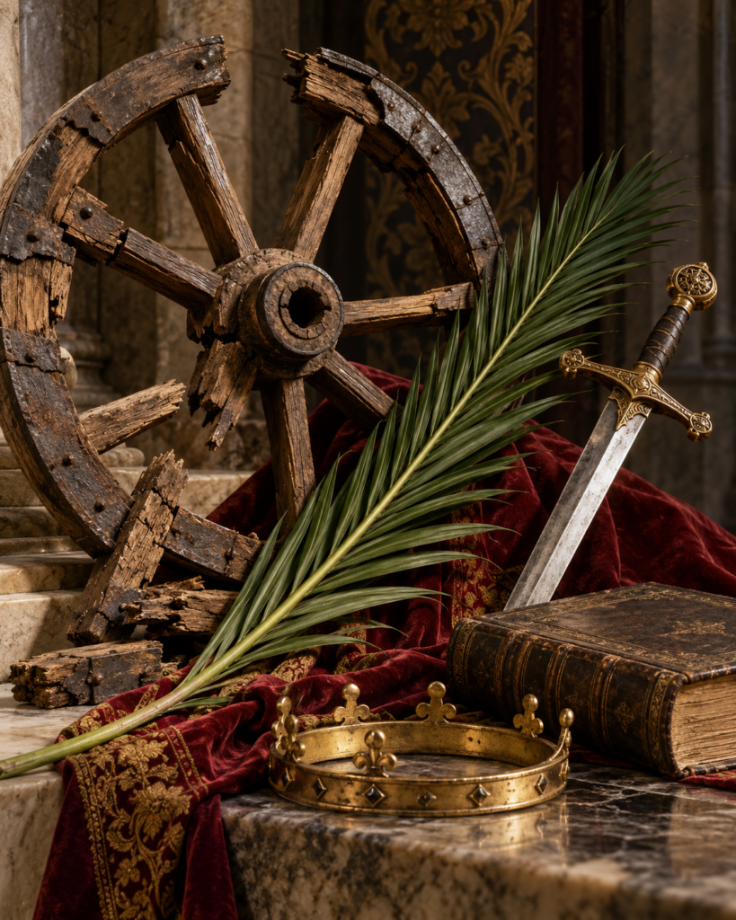 Rueda rota, palma, espada, libro y corona: símbolos de sabiduría, virginidad y martirio de santa Catalina de Alejandría.