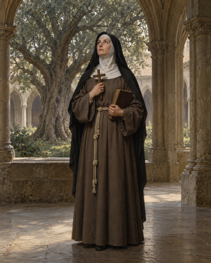 Santa Coleta de Corbie, clarisa, con una cruz y el libro de la regla en un claustro, con un árbol al fondo