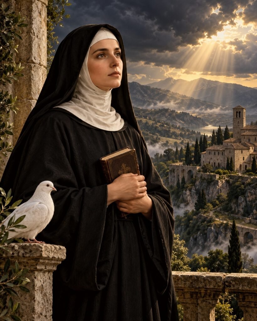 Santa Escolástica, monja benedictina, con un libro y una paloma blanca bajo un cielo de tormenta