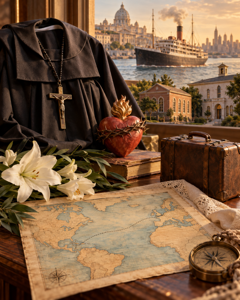 Atributos de Santa Francisca Javier Cabrini: crucifijo, corazón, barco, maleta, mapa, escuela y hospital