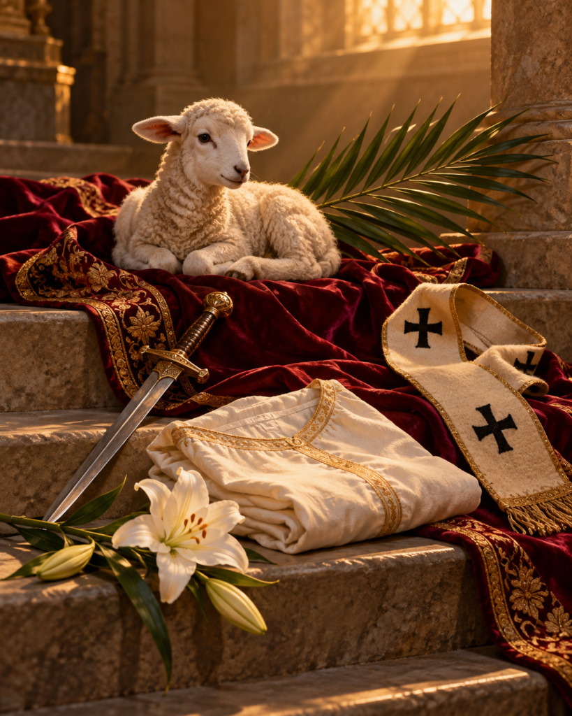 Cordero, palma del martirio y espada: símbolos de santa Inés de Roma como virgen y mártir.