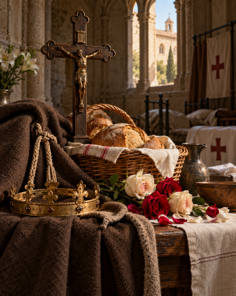 Corona, pan, rosas, crucifijo y hospital: símbolos de caridad, pobreza evangélica y servicio de santa Isabel de Hungría.