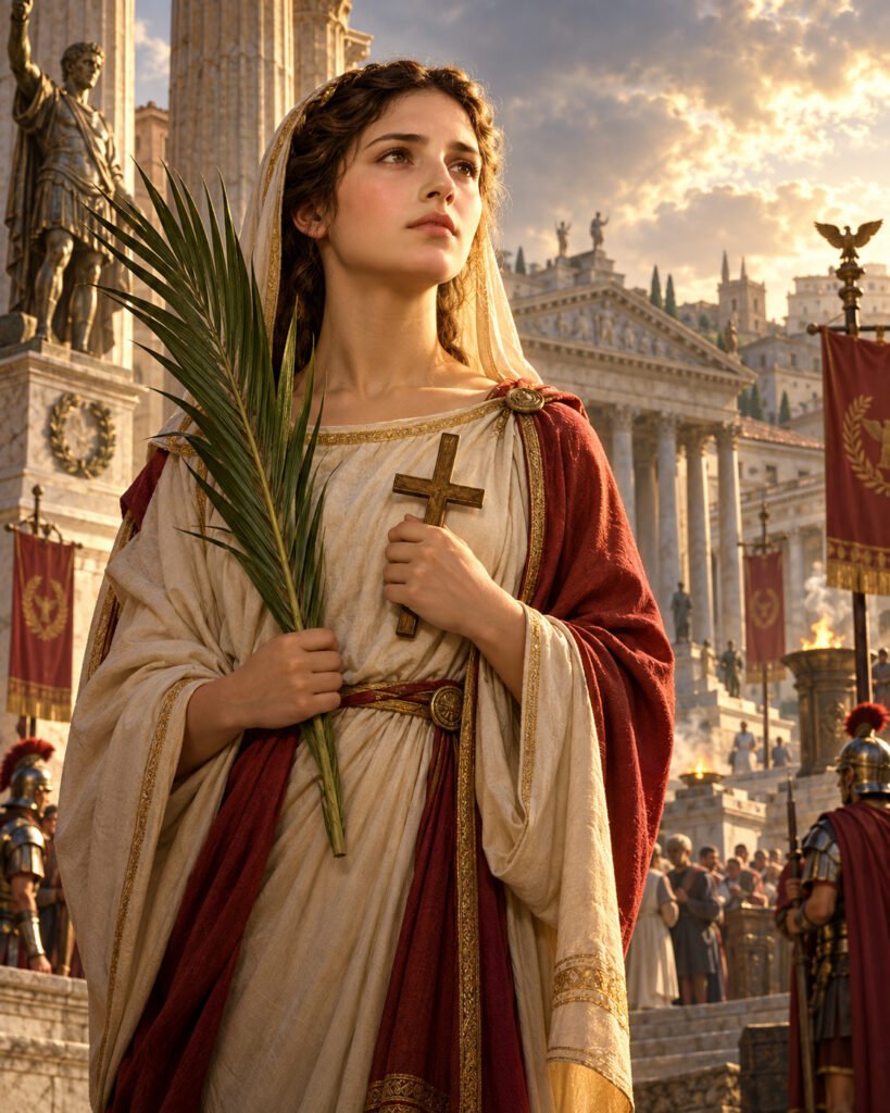 Santa Juliana de Nicomedia, joven mártir, con una palma y una cruz ante la ciudad romana