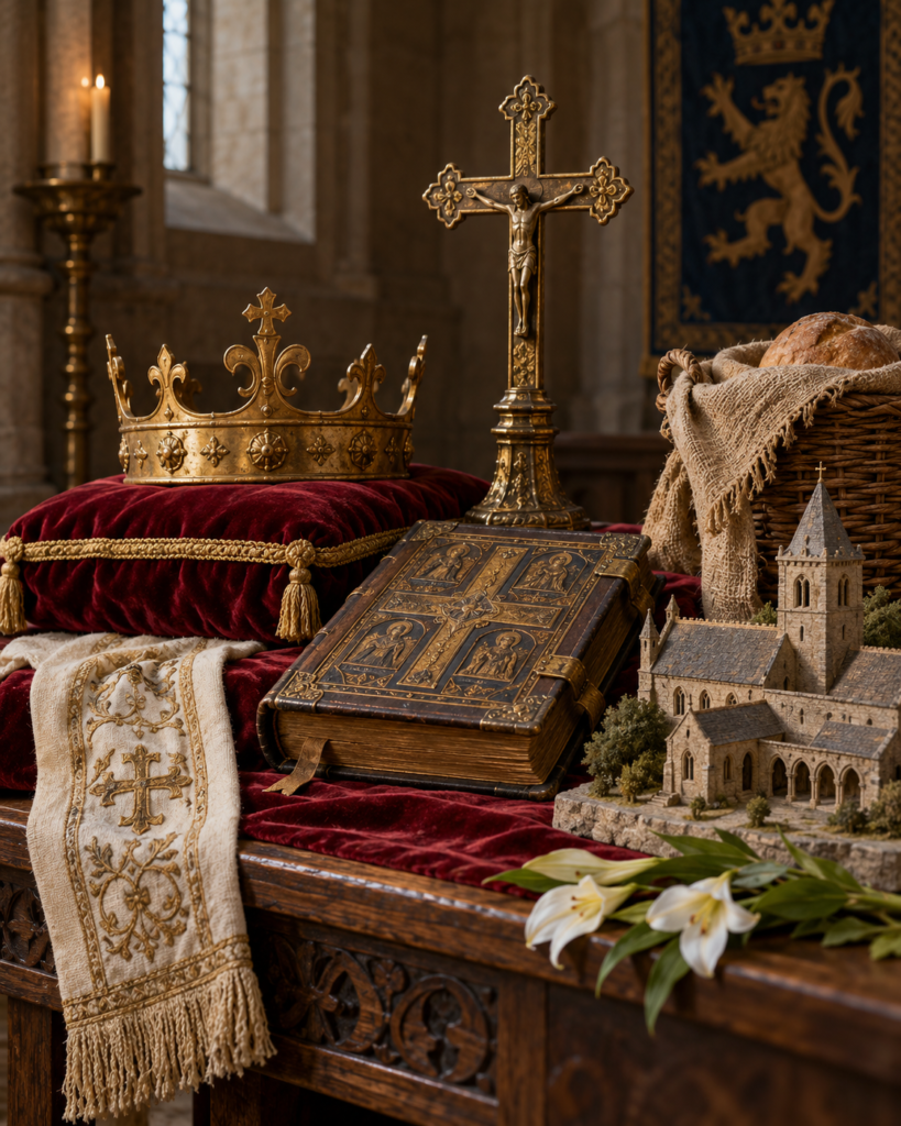 Corona, libro de oración, cruz, limosna e iglesia: símbolos de realeza cristiana, oración y caridad de santa Margarita de Escocia.