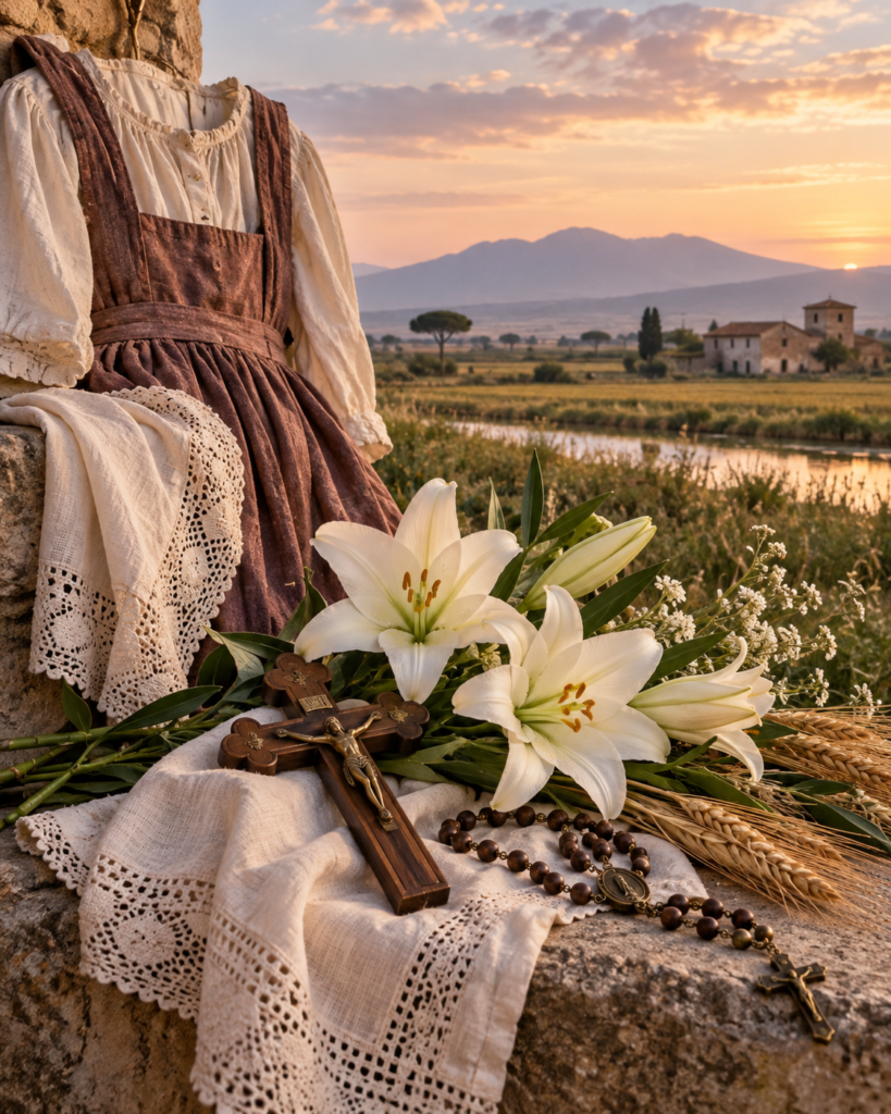 Lirios, crucifijo, rosario y paisaje rural italiano: símbolos de la fe, la pureza de corazón y el perdón de santa María Goretti.