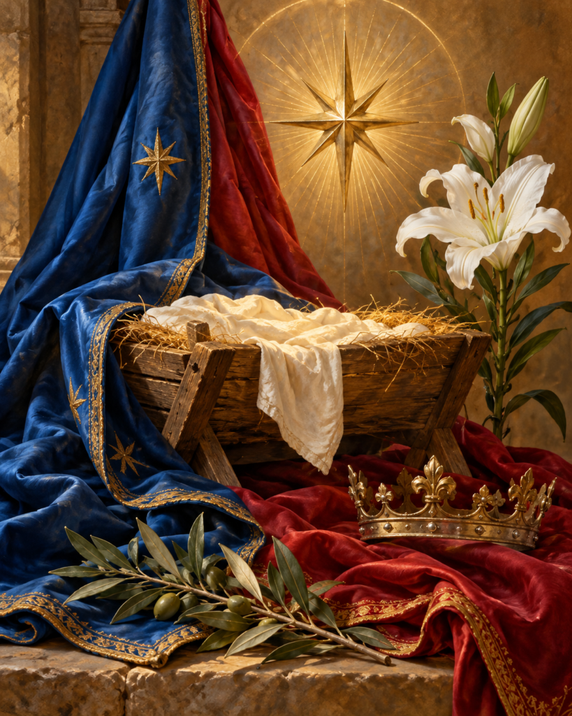 Manto, estrella, lirio, pesebre y rama de olivo: símbolos de la maternidad divina de María y de la paz.