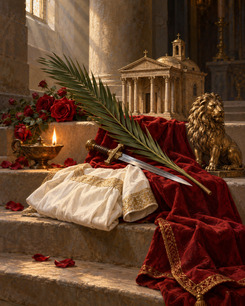 Palma, león, espada y la iglesia del Foro Romano: símbolos de santa Martina de Roma como mártir.