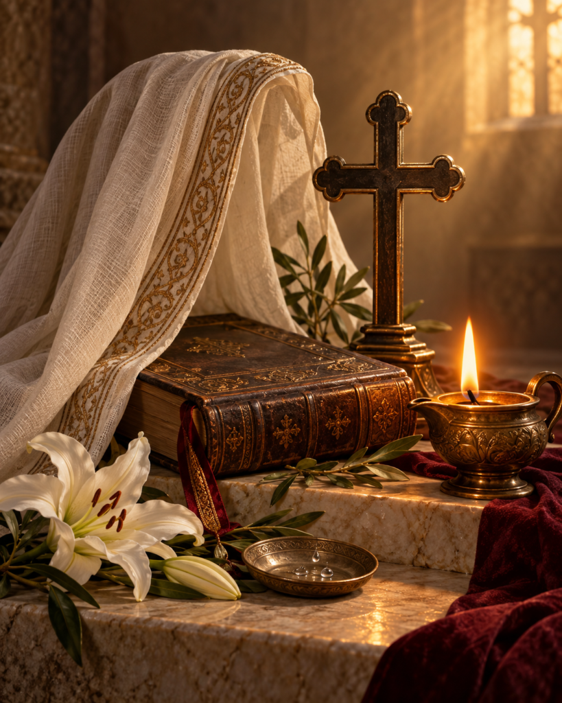 Velo, libro de oración, cruz, lámpara y lágrimas simbólicas: símbolos de la oración perseverante y la maternidad espiritual de santa Mónica.