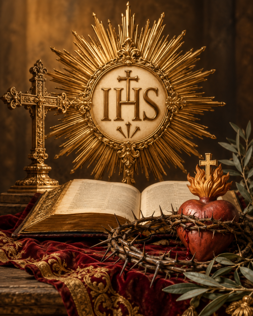 Monograma IHS, cruz, Evangelio, corona de espinas y resplandor: símbolos tradicionales de la devoción al Santísimo Nombre de Jesús.