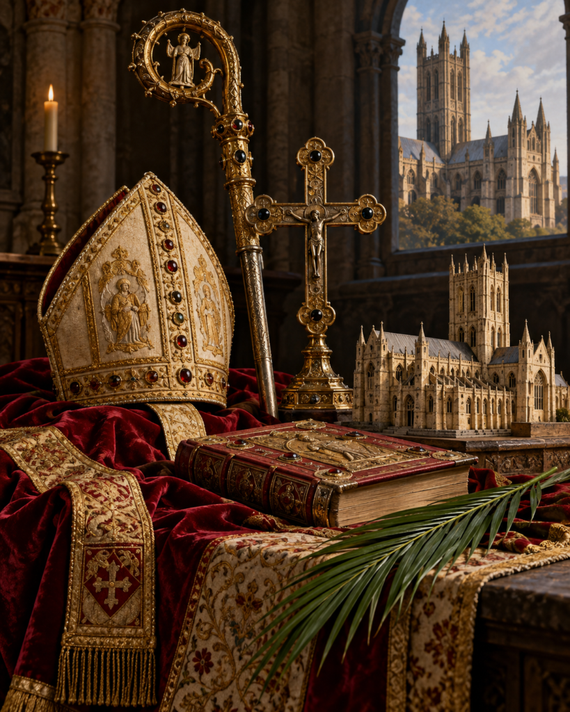 Atributos de Santo Tomás Becket: vestiduras episcopales, báculo, cruz, libro, catedral y palma