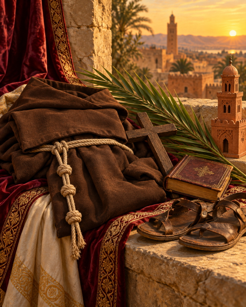Palma del martirio, cruz, hábito franciscano y cuerda de tres nudos: símbolos de los protomártires franciscanos de Marrakech.