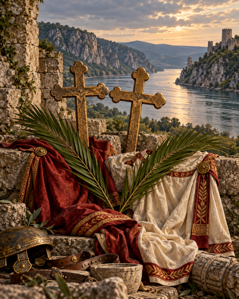 Dos cruces, dos palmas del martirio y paisaje del Danubio: símbolos del martirio de los santos Hermes y Cayo en la antigua Moesia.