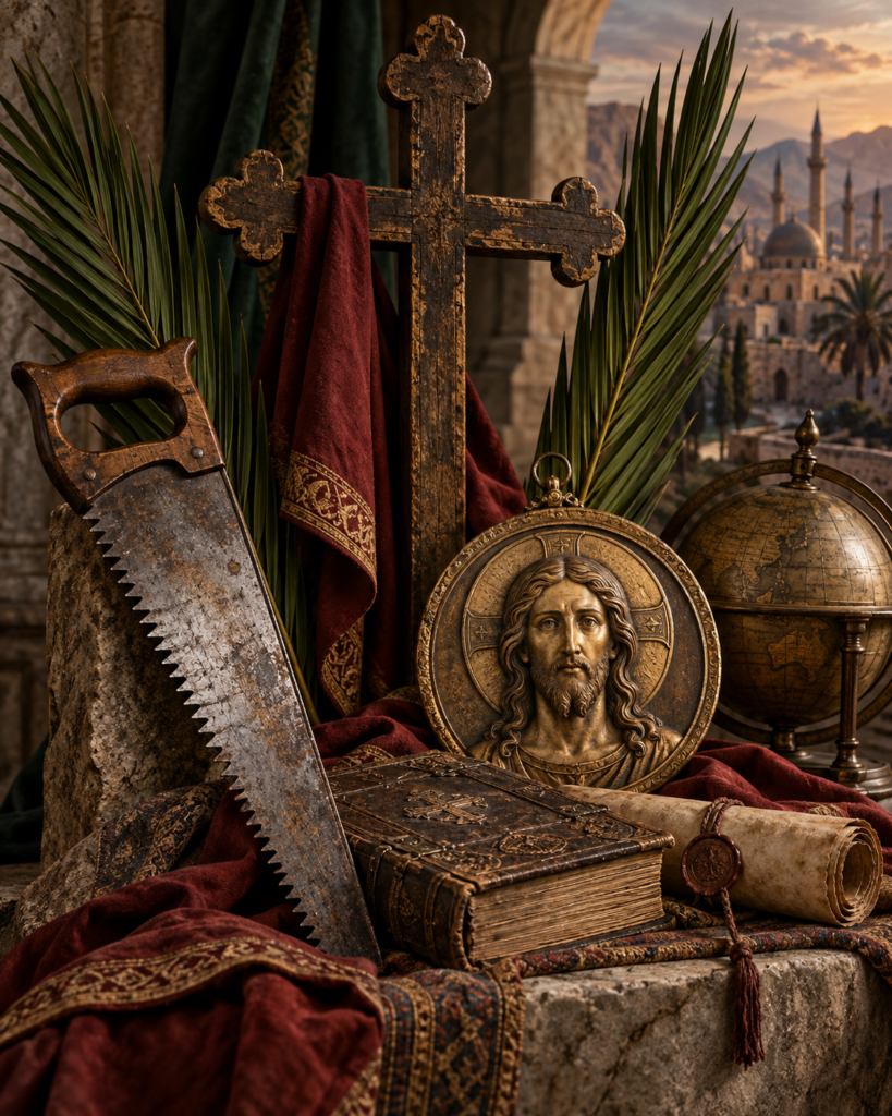 Sierra, medallón de Cristo, Evangelio y palmas, atributos de los santos Simón y Judas Tadeo.