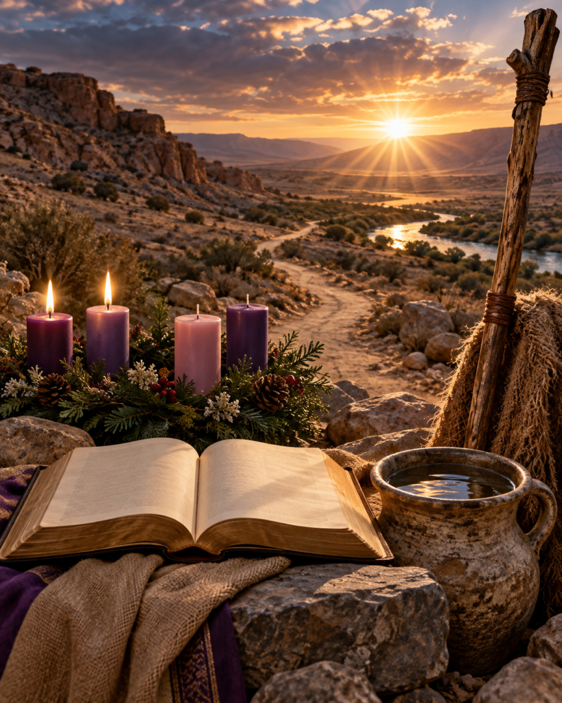 Camino, Biblia, segunda vela de Adviento, agua del Jordán y bastón: símbolos de conversión, preparación y esperanza del Segundo Domingo de Adviento.