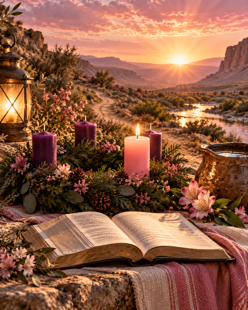 Tercera vela rosada, Biblia, lámpara, camino y agua del Jordán: símbolos de alegría, esperanza y cercanía del Señor en el domingo Gaudete.